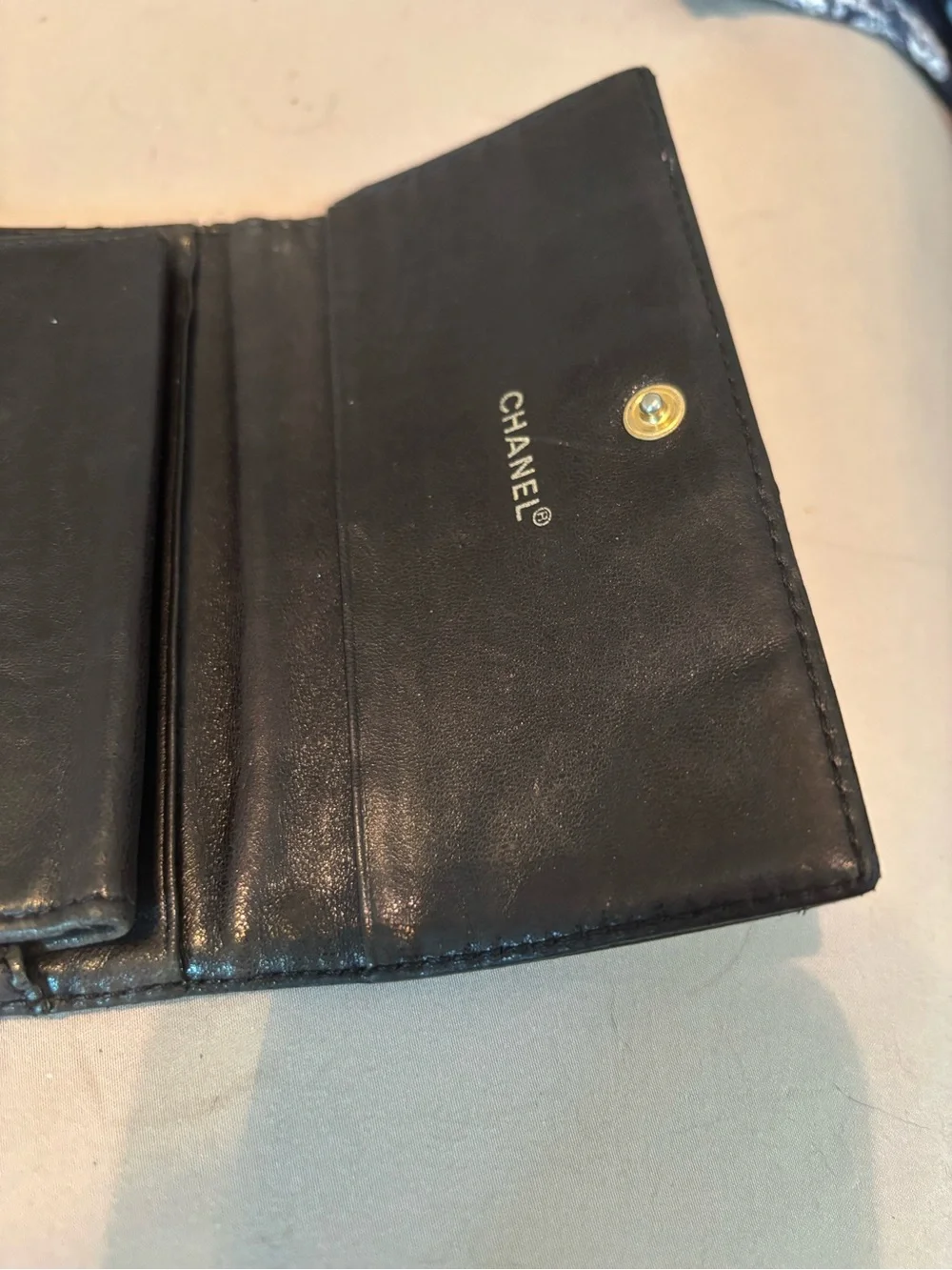 Authentic Vintage Chanel Black Lambskin Trifold Wallet - GUC- with Chanel Box